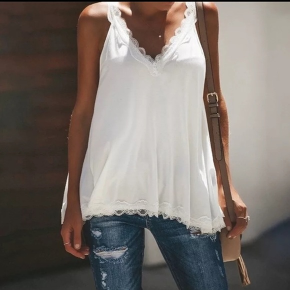 Tops - Boho Lace Trim V-Neck Tank